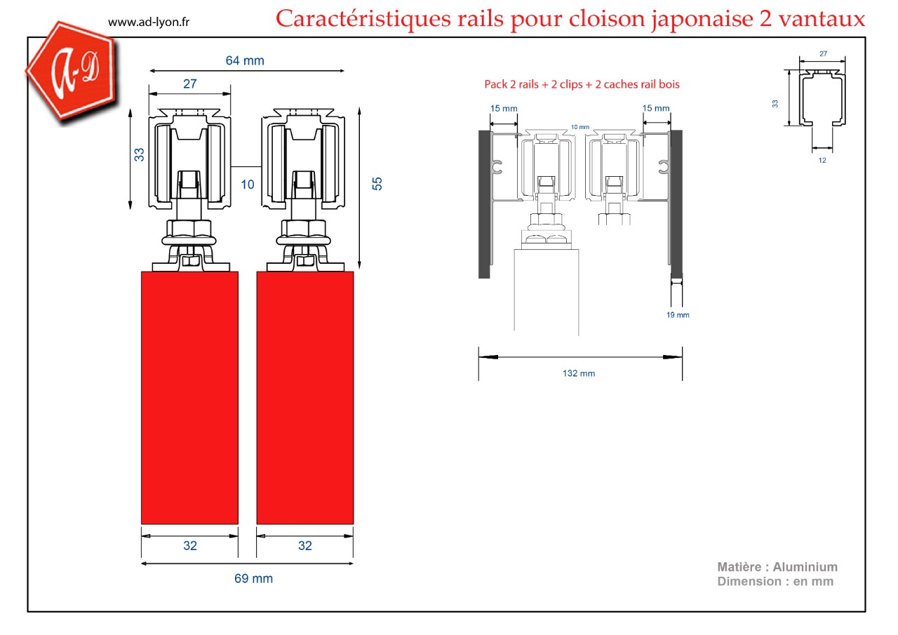 Pack 2 rails associés pour cloison japonaise 2 vantaux
