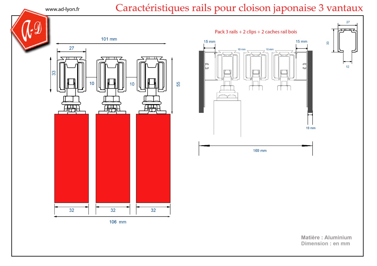 Pack 2 rails associés pour cloison japonaise 2 vantaux